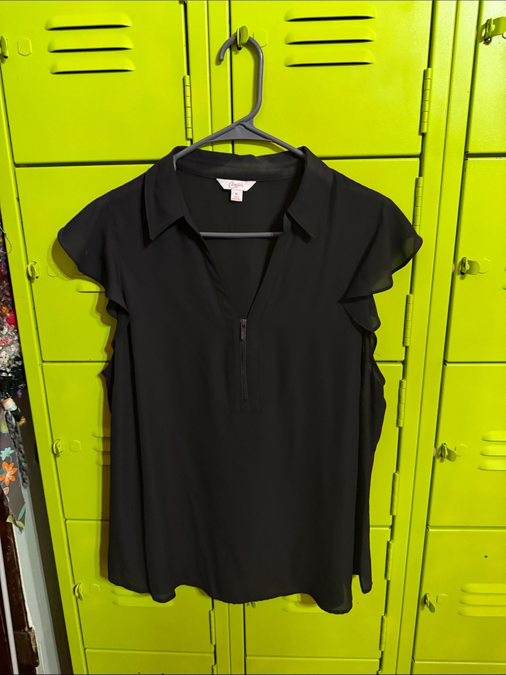 Candie's Black Zip-Front Flutter Sleeve Blouse